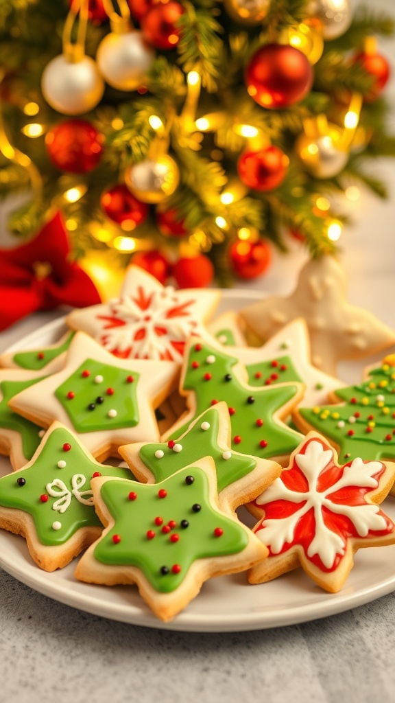 A plate of decorated Christmas sugar cookies in festive shapes with colorful icing and sprinkles.